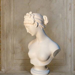May include: White plaster bust of a woman with her hair pulled back in a bun. The bust is on a white pedestal.