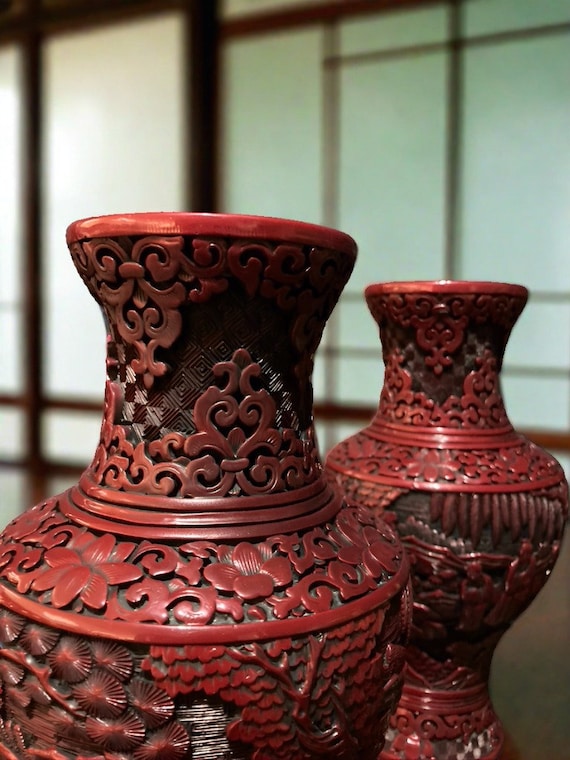 Japanese Carved Vase in Red Lacquer, A Pair - Etsy