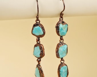 Brincos de turquesa em cobre eletroformado: pingente de gema azul