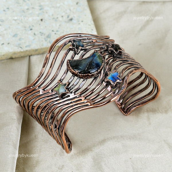 Spring Season 70% Off Electroformed Copper Cuff Bracelet: Natural Labradorite Adjustable Jewelry