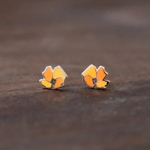 Yellow Poppy Stud Earrings • Gold Plated Enamel Flower Jewelry