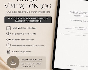 Kinderbesuchsbuch | Vorspielbereite Co-Elternschaft Akten | Druckbare PDF für die High-Conflill Custody Vorlage
