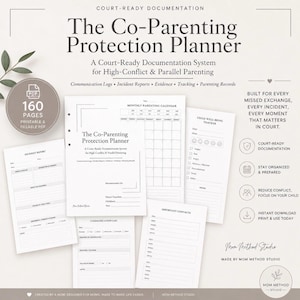 May include: The Co-Parenting Protection Planner is a 160-page printable and fillable PDF documentation system. It includes templates for incident reports, monthly parenting calendars, child well-being trackers, communication logs, and important contacts.
