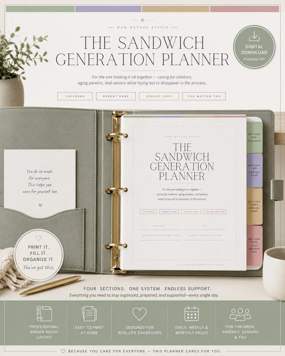 Sandwich Generation Planner | Caregiver, Children, Senior, Self Care (PDF Download)