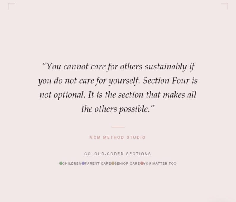 Pode incluir: Fundo rosa claro com texto preto. O texto diz: "Voc&ecirc; n&atilde;o pode cuidar dos outros de forma sustent&aacute;vel se n&atilde;o cuidar de si mesmo". A imagem tamb&eacute;m inclui "MOM METHOD STUDIO" e "COLOUR-CODED SECTIONS".
