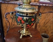 Vintage Russian Samovar, Hand Painted , Tea Kettle, USSR Brass Teapot, Wild berries, Rustic shabby farmhouse decor.