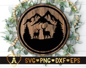 Deer Family Forest SVG, Deer Svg, Deer Mountain Scene Svg, Reindeer, Stag, Doe, Buck, Silhouette Png Eps Dxf Vinyl Decal Digital Cut Files