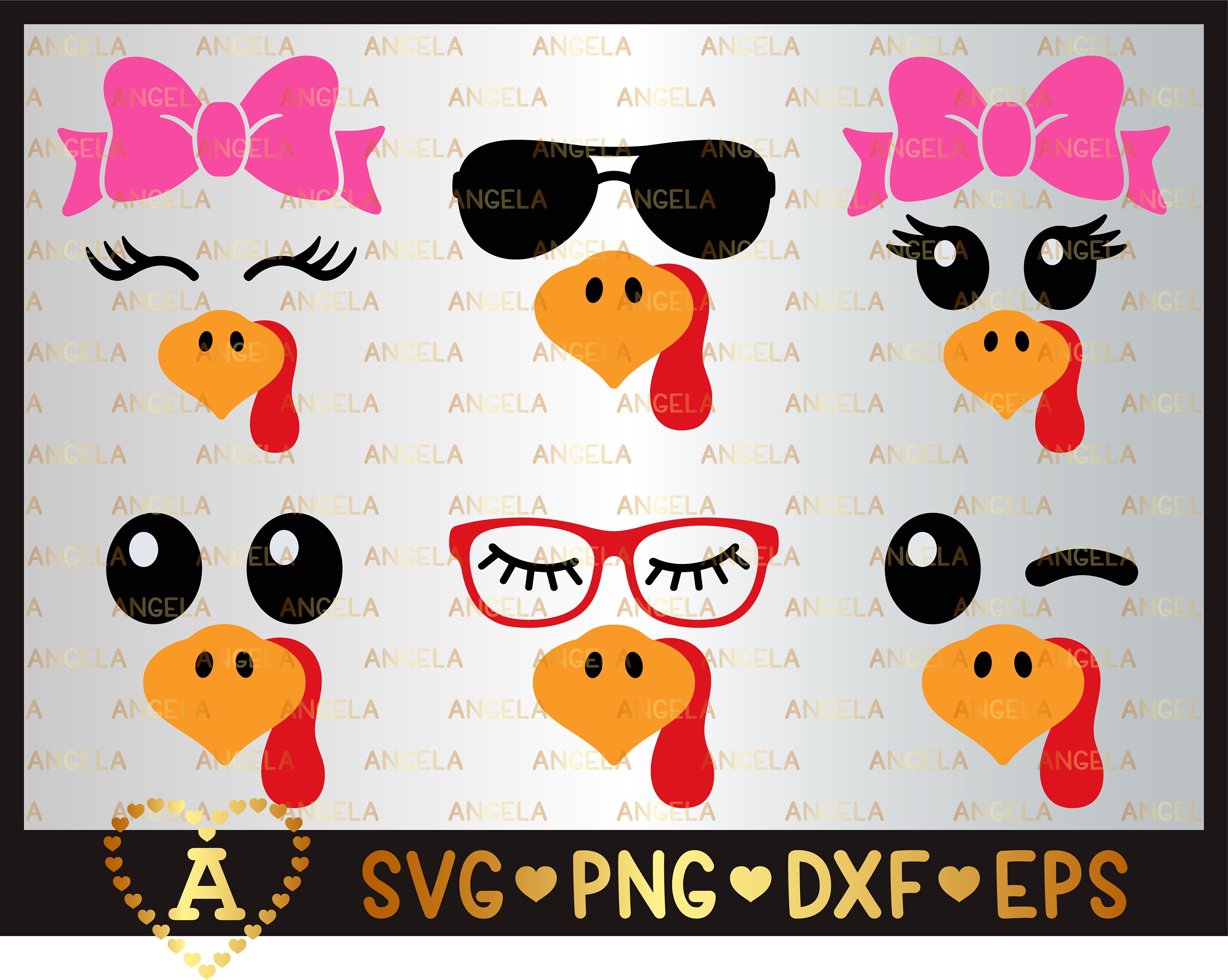 Turkey Face Svg Bundle, Cute Turkey Svg, Thanksgiving, Turkey with bo…