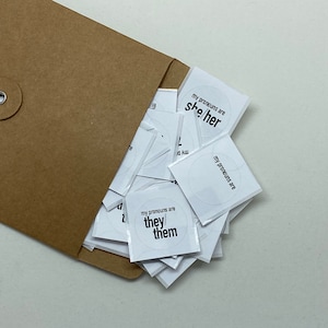 Pode incluir: Um envelope de papel castanho cheio de adesivos de pronomes brancos. Os adesivos têm o texto "meus pronomes são" seguido de "ela/ele", "ele/ela", e "ele/ela".