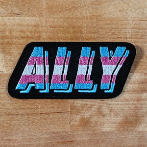 May include: A black fabric patch with the word "ALLY" embroidered in white and blue. The letters are outlined in blue and have a striped pattern in the colors of the transgender pride flag.