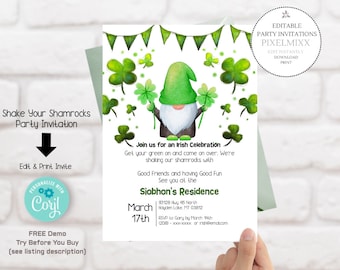 St Patrick's Day Party Invitation: Shamrock Gnome (Instant Download)