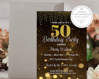 May include: A gold and black 50th birthday party invitation with the text "Please Join Us For A 50th Birthday Party". The invitation includes the honoree's name, date, time, location, and RSVP information. The invitation is accompanied by a white envelope.