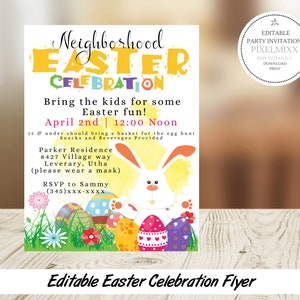 Puede incluir: Un folleto imprimible para una celebración de Pascua en el vecindario. El folleto presenta un conejito de dibujos animados sosteniendo huevos de Pascua coloridos y el texto "Neighborhood Easter Celebration". El folleto también incluye la fecha y la hora del evento, la dirección y una solicitud para que los asistentes traigan una cesta para la búsqueda de huevos.