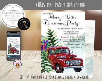 May include: A Christmas party invitation featuring a red vintage truck carrying a Christmas tree and gifts. The invitation includes event details and the text "Merry Little Christmas Party". The design is a watercolor style with a snowy background.