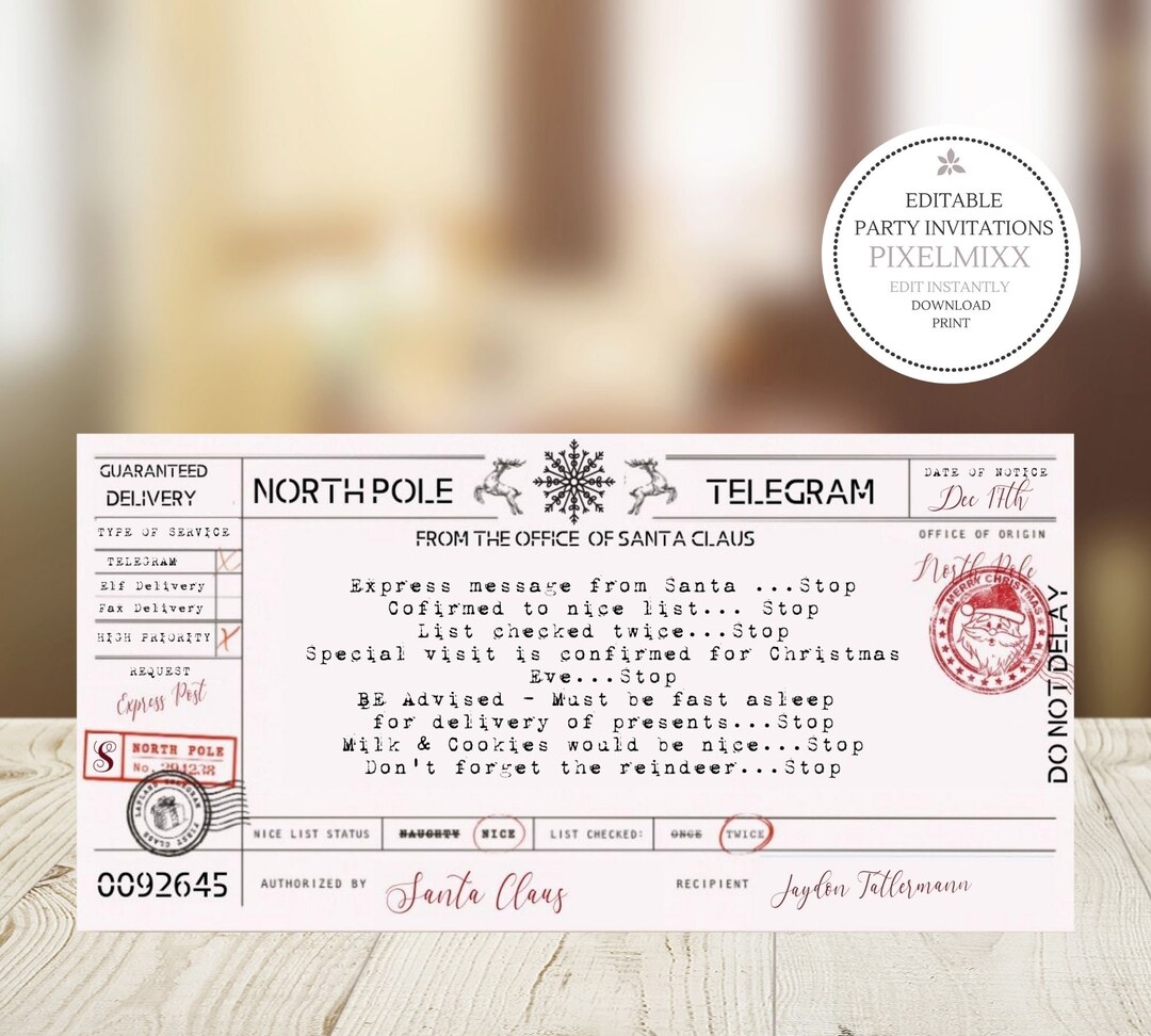 North Pole Telegram From the North Pole Santas Nice List Confirmation