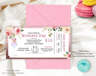 Plantilla editable de boleto para brunch floral del Día de la Madre (descarga digital)