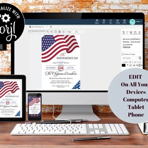 May include: A digital invitation for an Independence Day celebration. The invitation features a red, white, and blue American flag with the text "4th of July Independence Day" and "The Chapman Residence".
