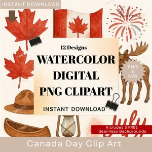 Set di clipart ad acquerello per la Festa del Canada / 12 PNG in stile acquerello + 3 carte digitali abbinate GRATUITE / Download immediato