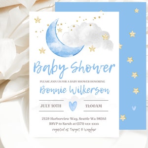 Baby Shower Invite, Printable Invitation, Moon and Stars Baby Shower Invitation Template, Twinkle Litte Star, Comes In Pink or Blue & Lilac