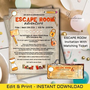 Editable Escape Room Party Invitation or Event Flyer and Tickets - Edit and Print DIY Templates, Instant Download.  Edit Now - No Waiting!