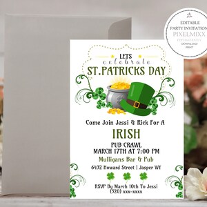 May include: St. Patrick's Day invitation with a green leprechaun hat, pot of gold, and shamrocks. The invitation includes the text "Lets Celebrate St. Patricks Day" and details for an Irish Pub Crawl.