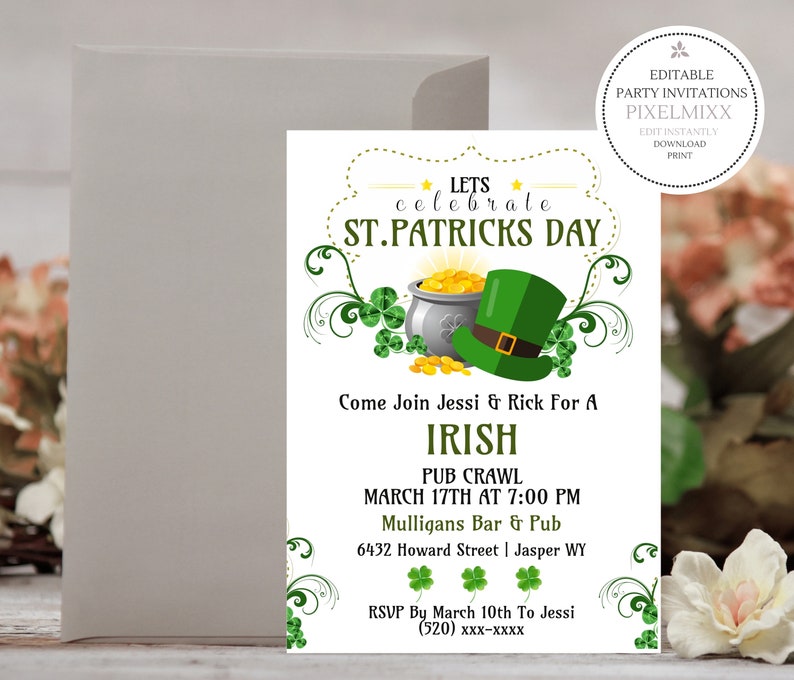 May include: St. Patrick's Day invitation with a green leprechaun hat, pot of gold, and shamrocks. The invitation includes the text "Lets Celebrate St. Patricks Day" and details for an Irish Pub Crawl.