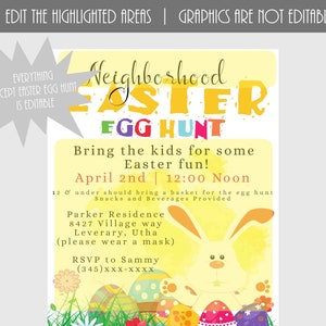 May include: A yellow and white invitation for a neighborhood Easter egg hunt. The invitation features a bunny rabbit, colorful eggs, and the text "Neighborhood Easter Egg Hunt". The event is scheduled for April 2nd at 12:00 noon. The invitation also includes the address of the event and a request to RSVP to Sammy.