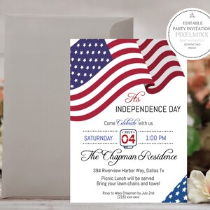 May include: An invitation to celebrate Independence Day with a red, white, and blue American flag design. The invitation includes the date, time, and location of the event. It reads "It's Independence Day. Come Celebrate with us. Saturday, July 04, 1:00 PM. The Chapman Residence. 394 Riverview Harbor Way, Dallas Tx. Picnic Lunch will be served. Bring your lawn chairs and towel. Rsvp to Mary Chapman by July 2nd (215) xxx-xxxx"