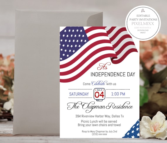 Printable 4th-of-July Party Invitation, Editable Printable Independence Day Invite Template You Edit Yourself Instantly! Edit Now! 19Z