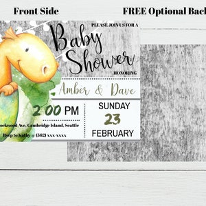May include: A baby shower invitation with a watercolor illustration of a yellow dinosaur hatching from an egg. The invitation is for Amber & Dave and is set for Sunday, February 23rd at 2:00 PM. The text "Please join us for a Baby Shower" is written in a whimsical font.