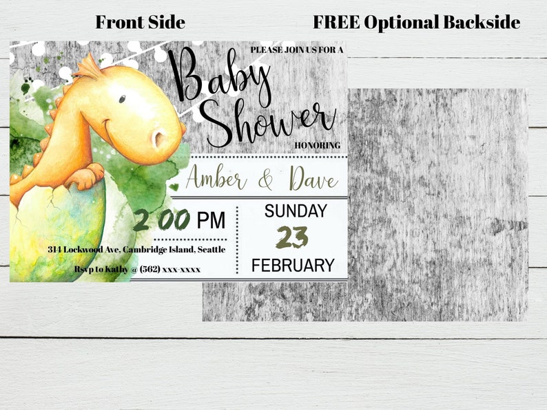May include: A baby shower invitation with a watercolor illustration of a yellow dinosaur hatching from an egg. The invitation is for Amber & Dave and is set for Sunday, February 23rd at 2:00 PM. The text "Please join us for a Baby Shower" is written in a whimsical font.