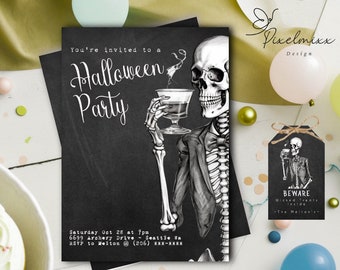 Black and White Editable Halloween Invitation Printable Soiree Invite Self-Edit Chalk Board Style Invitation Post To Social Media-Text-Mail