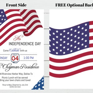May include: Invitation to a 4th of July Independence Day celebration at The Chapman Residence. The invitation features an American flag design and includes the date, time, and address. RSVP by July 2nd.