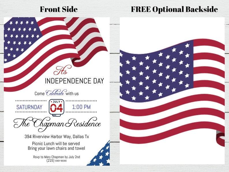 May include: Invitation to a 4th of July Independence Day celebration at The Chapman Residence. The invitation features an American flag design and includes the date, time, and address. RSVP by July 2nd.