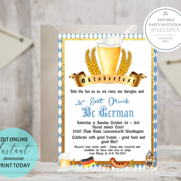 Oktoberfest Party invitation, Edit & Print INSTANT DOWNLOAD, German Bier Fest Party Invite, Digital FIle, Edit in Corjl