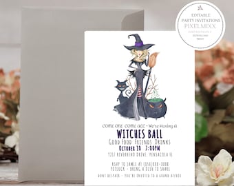 Printable-Halloween-Party Invitation, Editable Halloween Party Invite Template, Witches Ball, Sexy Witch Invitation, Edit & Print Now!