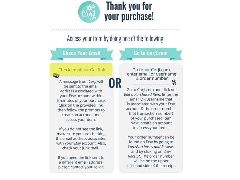 Puede incluir: Un gr&aacute;fico con instrucciones sobre c&oacute;mo acceder a tu art&iacute;culo comprado en Corjl.com. El gr&aacute;fico muestra dos opciones: comprobar tu correo electr&oacute;nico o ir a Corjl.com. El gr&aacute;fico incluye el texto "&iexcl;Gracias por tu compra!" y "Accede a tu art&iacute;culo realizando una de las siguientes acciones:"