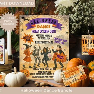EDITABLE School Dance Flyer, Halloween Dance Party Bundle, Flyer - Ticket - Favor Tag- Poster- Easy To Edit, Download and Print Instantly ,