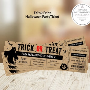 Halloween Party Einladung Ticket Vorlage, bearbeitbare Soforteinladungskarte, Kinderpartyeinladung, einfach zu bearbeiten und herunterzuladen, druckbare Karte