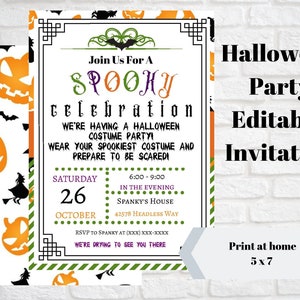May include: Halloween party invitation with a spooky theme. The invitation features orange jack-o'-lanterns, bats, and witches on a white background. The text reads "Join Us For A Spooky Celebration" and includes party details.