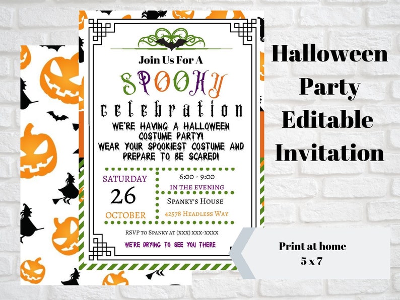 May include: Halloween party invitation with a spooky theme. The invitation features orange jack-o'-lanterns, bats, and witches on a white background. The text reads "Join Us For A Spooky Celebration" and includes party details.