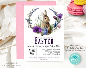 Easter Egg Hunt Invitation: Watercolor Bunny, Editable Template (Digital Download)