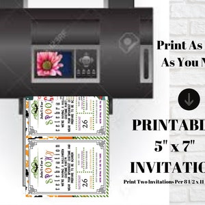 May include: A printer printing two Halloween party invitations. The invitations are 5" x 7" and feature the text "Join Us For A Spooky Celebration" with Halloween-themed graphics. The image also includes the text "Printable" and "Print As Many As You Need".