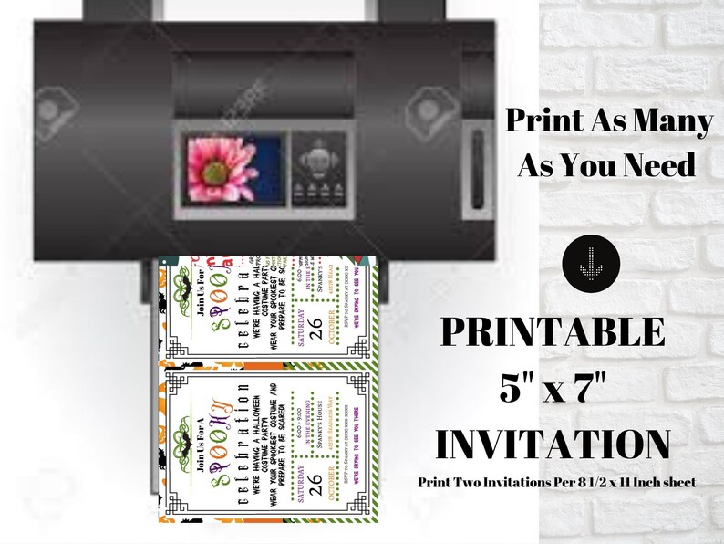 May include: A printer printing two Halloween party invitations. The invitations are 5" x 7" and feature the text "Join Us For A Spooky Celebration" with Halloween-themed graphics. The image also includes the text "Printable" and "Print As Many As You Need".