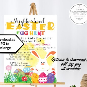 May include: A printable invitation for a neighborhood Easter egg hunt. The invitation features a cartoon bunny rabbit holding colorful Easter eggs. The text on the invitation reads "Neighborhood Easter Egg Hunt" and includes the date, time, and location of the event.