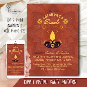EDITABLE Diwali Invitation | Festival of Lights Party Invite | Instant Download | 5x7 Inch Printable and Mobile Sizes | Diya Rangoli Design