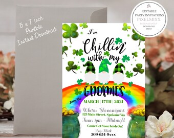 Printable St Patrick's Day Invitation, Editable St Patrick's Day Invite - INSTANT DOWNLOAD St Patrick's Day Gnome Invitation Corjl Template