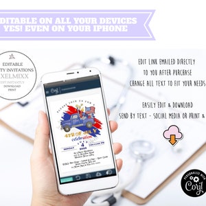 May include: A digital invitation for a 4th of July celebration. The invitation features a blue pickup truck with red, white, and blue decorations, a red, white, and blue background, and the text "Please join us for a 4th of July celebration".