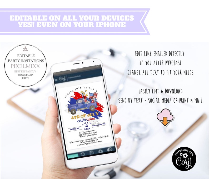 May include: A digital invitation for a 4th of July celebration. The invitation features a blue pickup truck with red, white, and blue decorations, a red, white, and blue background, and the text "Please join us for a 4th of July celebration".