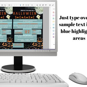 May include: A computer monitor displays a Halloween party invitation. The invitation features a black background with orange pumpkins, ghosts, and the text "Halloween Scare". The invitation includes event details and the text "Wear your costume for a chance to win a fabulous prize!"